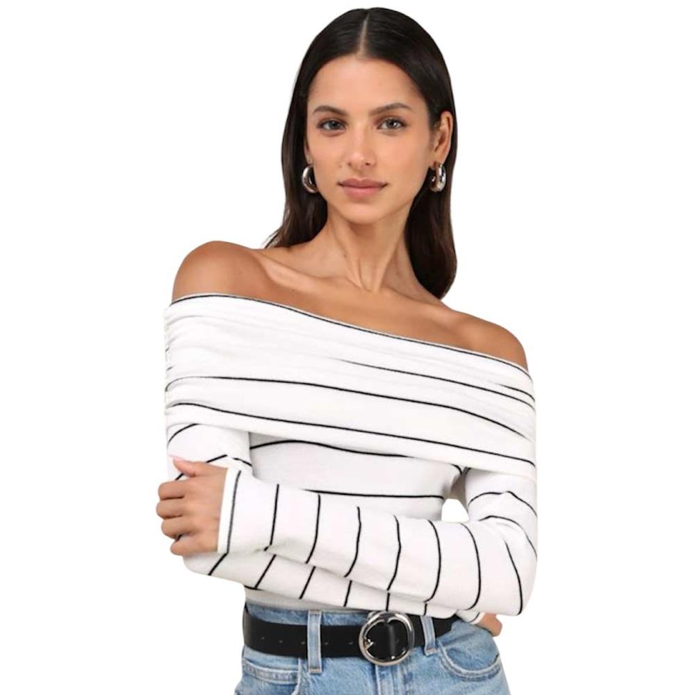 NWT Lulus Off the Shoulder Stripe Sweater Top Sz XS - White/Black